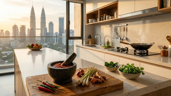 Modern Malaysian kitchen scene showing stone mortar on protective board alongside quartz countertop, demonstrating coexistence of tradition and modern design