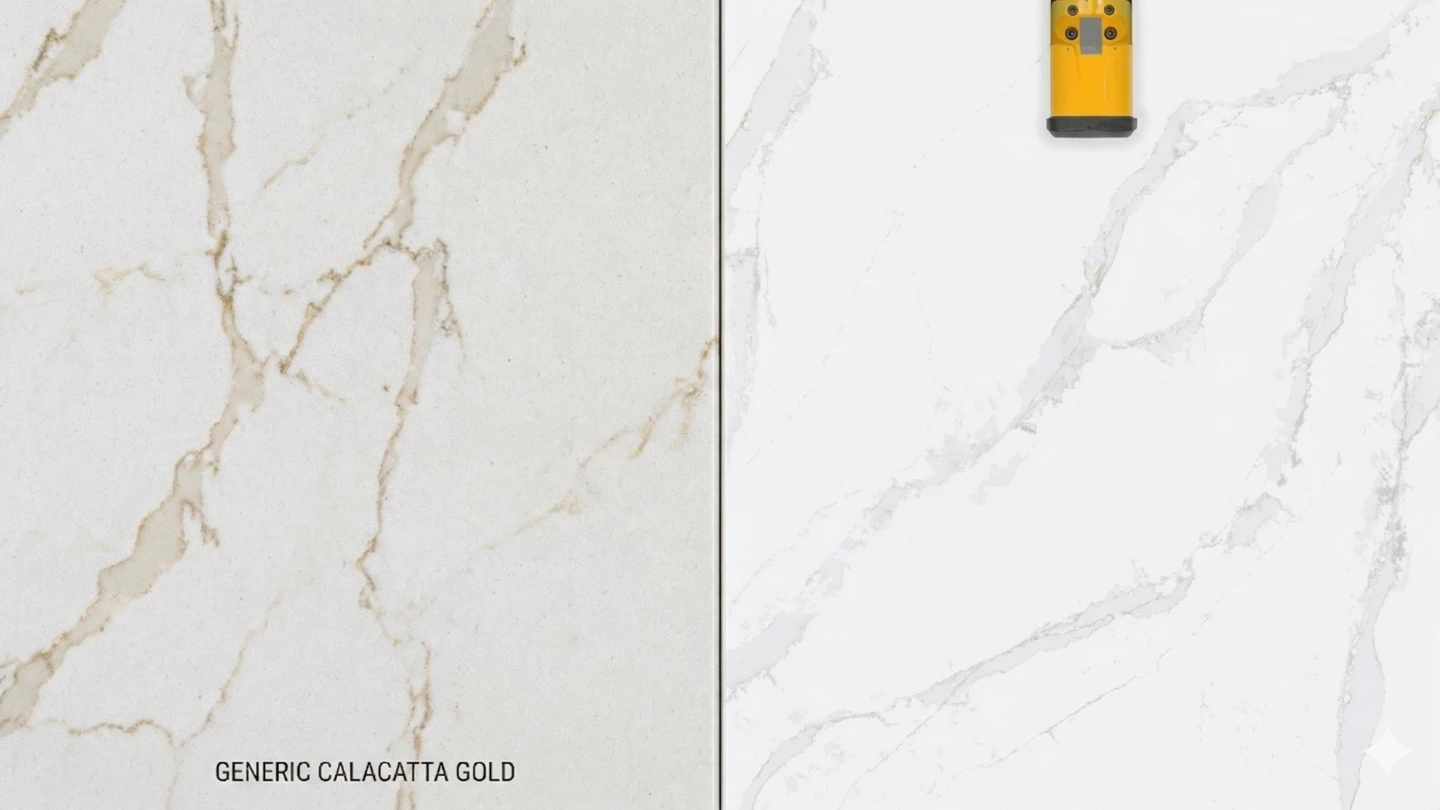 Close-up comparison of China versus Silestone Calacatta Gold quartz showing differences in veining depth and colour transition