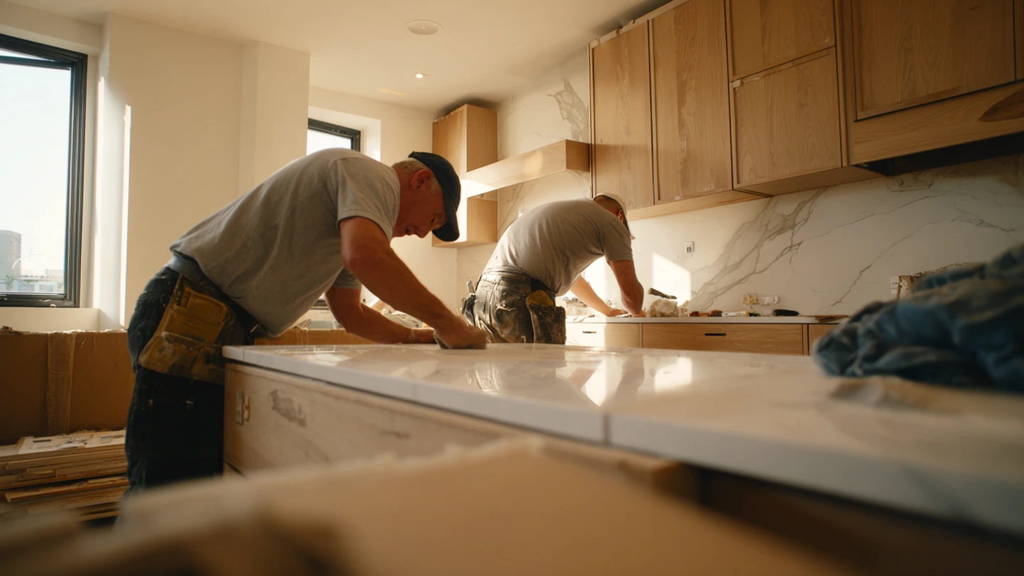 Professional stone fabricator installing Calacatta Gold quartz countertop onto kitchen cabinets in a Malaysian home