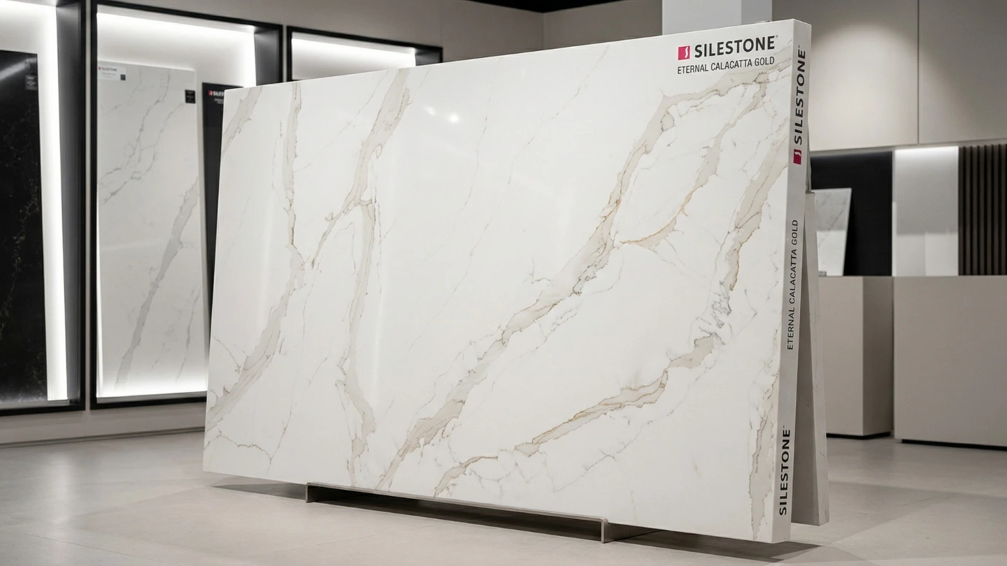 Silestone Eternal Calacatta Gold quartz slab from Spain showing premium golden veining with depth and translucency