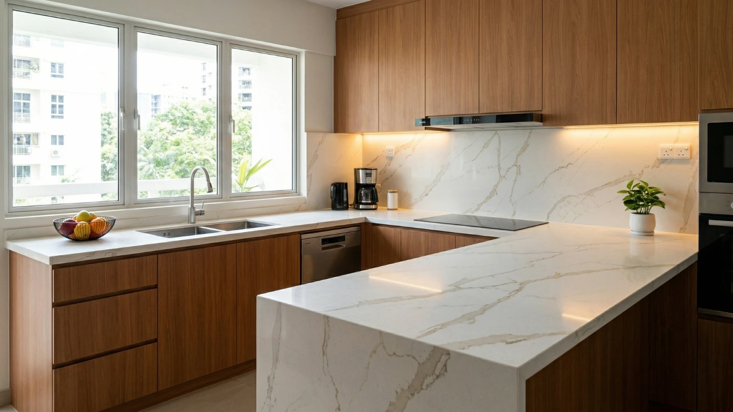 Calacatta Gold quartz stone countertop installed in a modern Malaysian kitchen with undermount sink and warm wood cabinetry