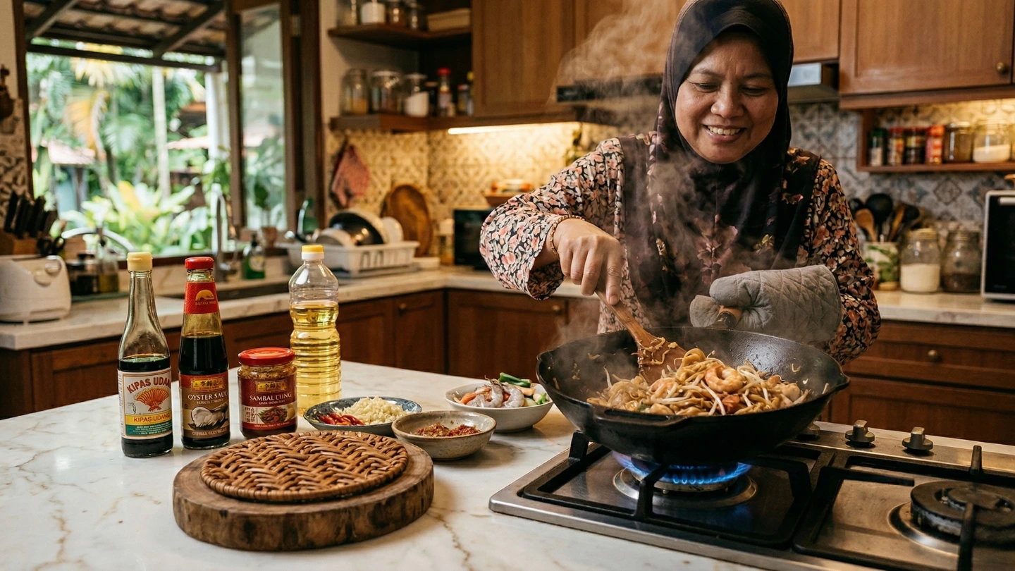 Malaysian home cook using wok on stove next to Calacatta Gold quartz countertop with trivet protecting surface