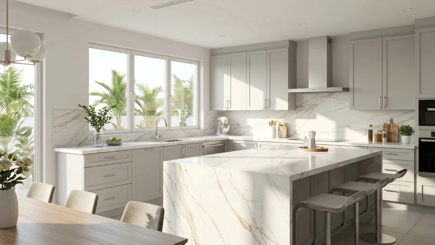 Bright Malaysian kitchen with Calacatta Gold quartz countertop showcasing veining pattern under natural tropical daylight