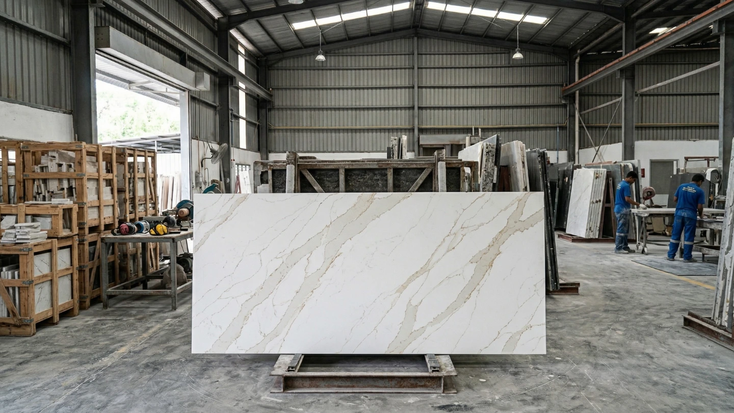 China-imported Calacatta Gold quartz stone slab displayed in fabrication workshop with golden veining pattern visible
