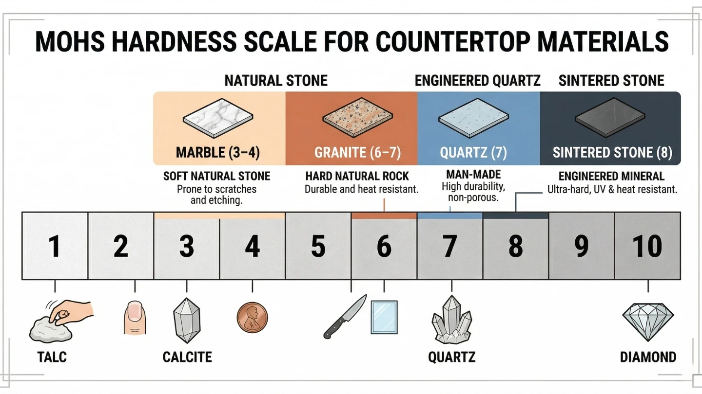 Mohs hardness scale diagram showing where countertop materials like marble, quartz, and sintered stone sit on a scale of 1 to 10 Mohs hardness scale diagram showing where countertop materials like marble, quartz, and sintered stone sit on a scale of 1 to 10