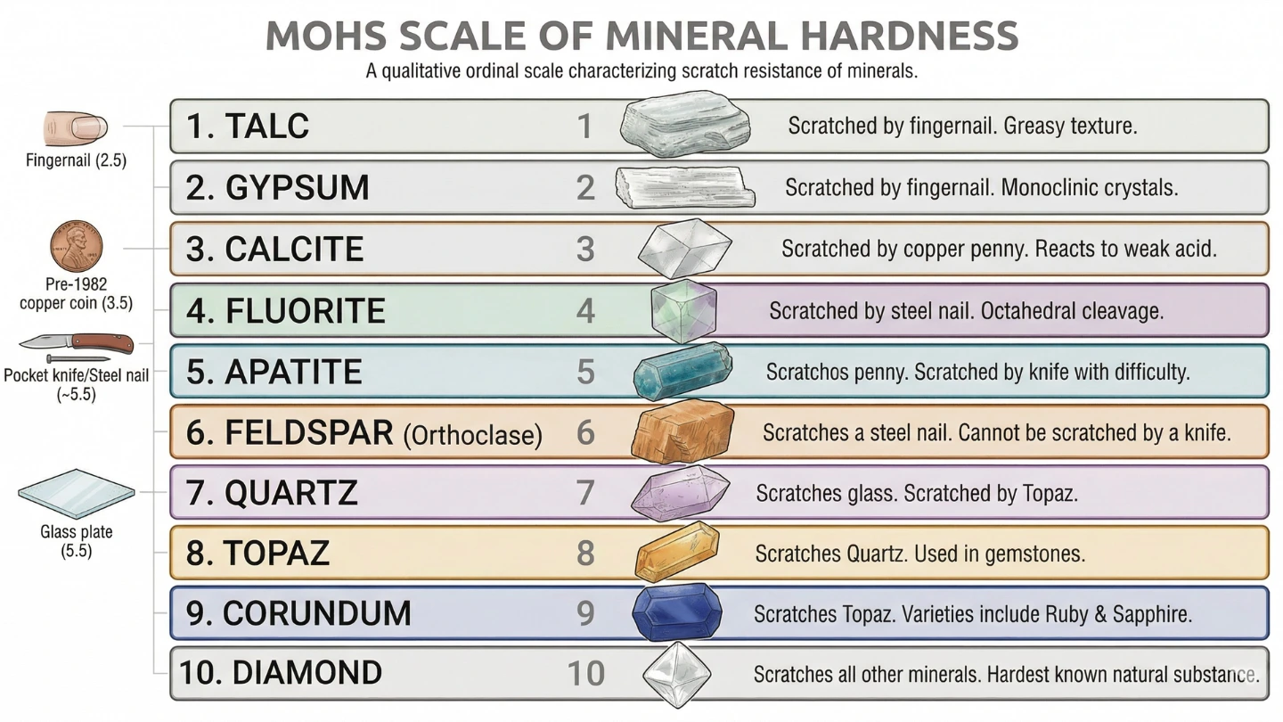 Visual diagram of the Mohs hardness scale from 1 to 10 showing reference minerals including talc, gypsum, quartz, and diamond Visual diagram of the Mohs hardness scale from 1 to 10 showing reference minerals including talc, gypsum, quartz, and diamond
