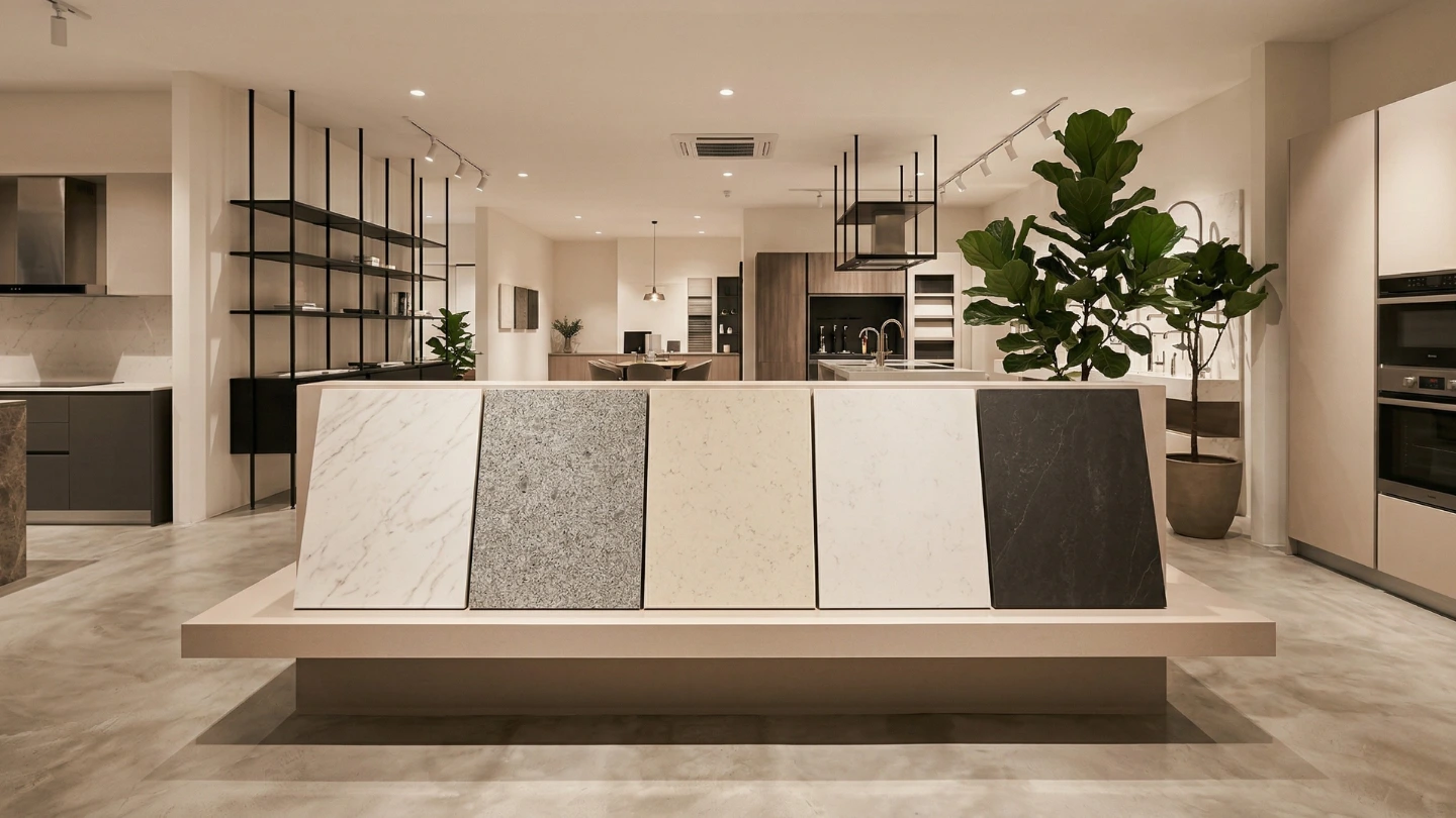 Display of countertop material samples including quartz, marble, granite, and sintered stone arranged for comparison in a Malaysian showroom Display of countertop material samples including quartz, marble, granite, and sintered stone arranged for comparison in a Malaysian showroom