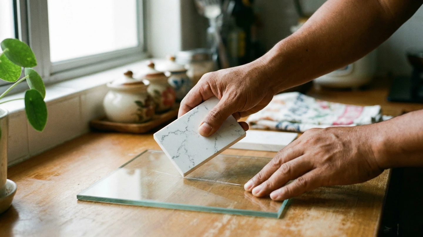 Homeowner performing a glass scratch test on a quartz countertop sample to verify authenticity before purchase in Malaysia Homeowner performing a glass scratch test on a quartz countertop sample to verify authenticity before purchase in Malaysia