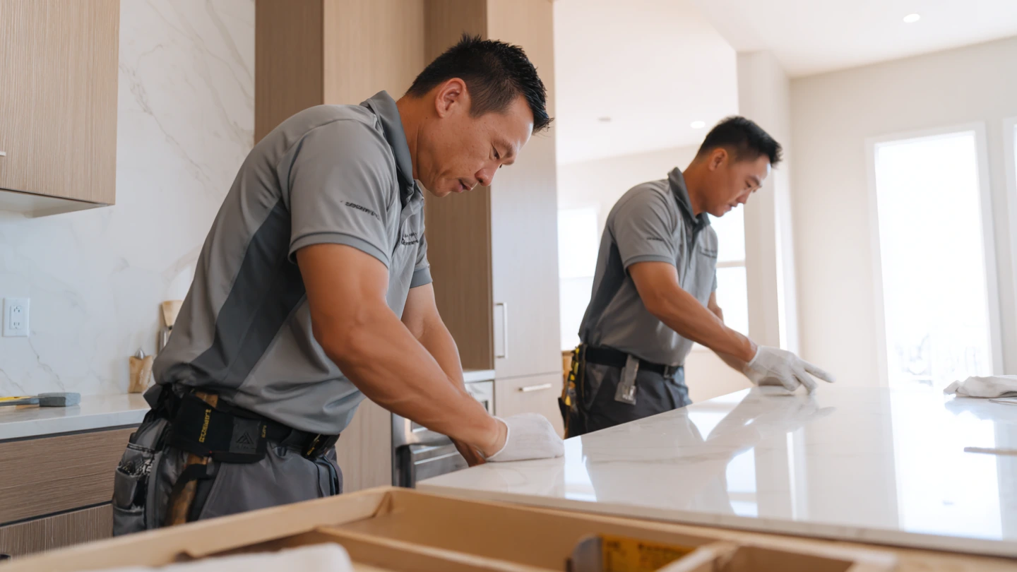 Two professional stone installers carefully positioning a white quartz countertop onto kitchen cabinets in a Malaysian home Two professional stone installers carefully positioning a white quartz countertop onto kitchen cabinets in a Malaysian home