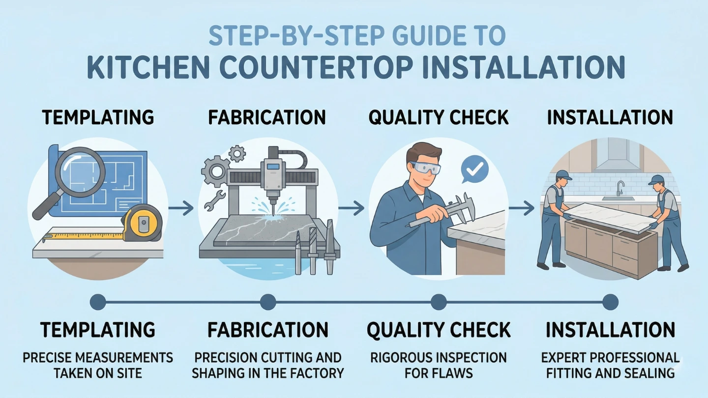 Visual timeline infographic showing countertop installation stages in Malaysia from templating to completion Visual timeline infographic showing countertop installation stages in Malaysia from templating to completion