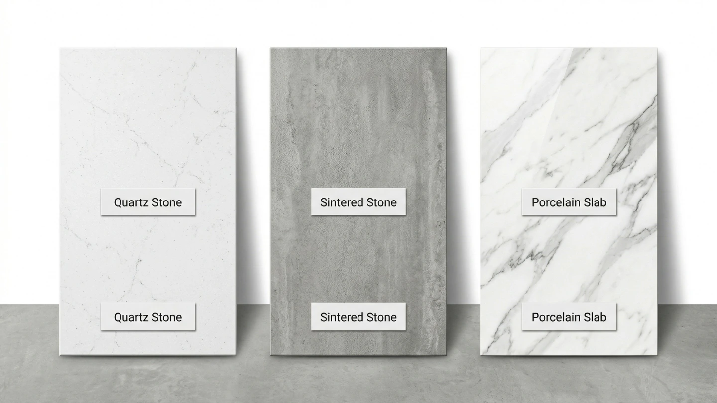 Side-by-side display of quartz, sintered stone, and porcelain slab countertop samples in Malaysian stone showroom Side-by-side display of quartz, sintered stone, and porcelain slab countertop samples in Malaysian stone showroom
