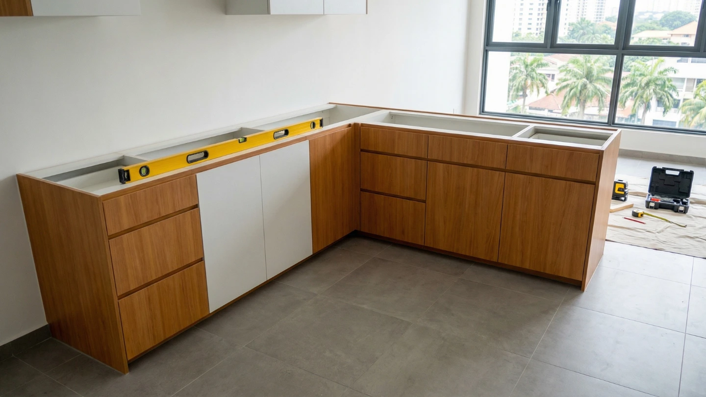 Completed kitchen cabinet installation ready for countertop templating measurement in a Malaysian home renovation Completed kitchen cabinet installation ready for countertop templating measurement in a Malaysian home renovation