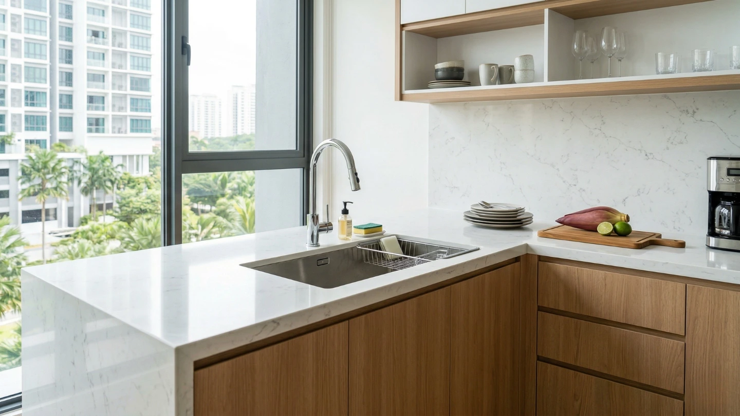Beautifully completed kitchen countertop installation in modern Malaysian home with quartz stone surface and undermount sink Beautifully completed kitchen countertop installation in modern Malaysian home with quartz stone surface and undermount sink