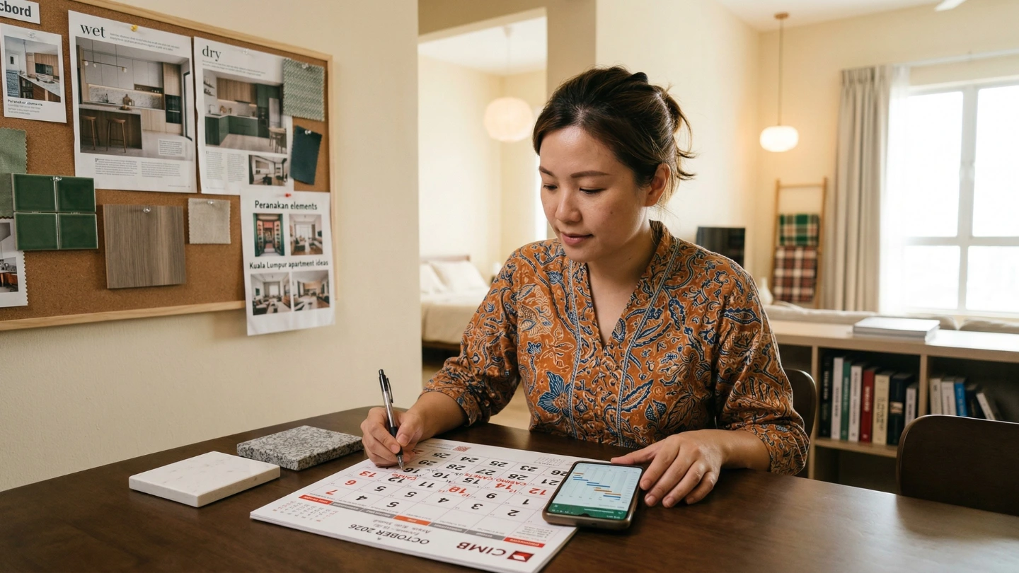 Homeowner reviewing countertop renovation timeline on a calendar, planning kitchen renovation schedule in Malaysia Homeowner reviewing countertop renovation timeline on a calendar, planning kitchen renovation schedule in Malaysia