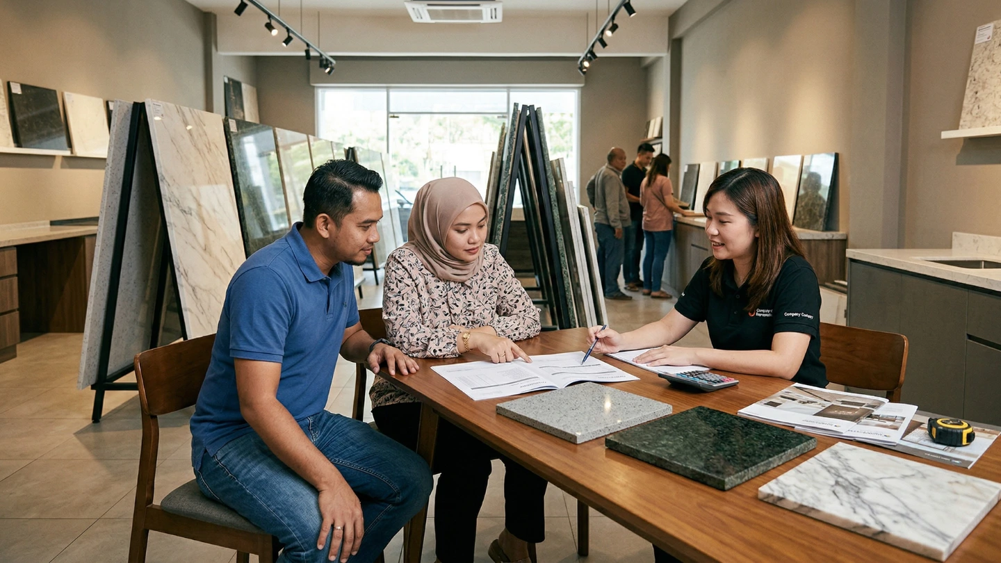 Malaysian homeowner comparing countertop quotations from different suppliers at kitchen showroom Malaysian homeowner comparing countertop quotations from different suppliers at kitchen showroom