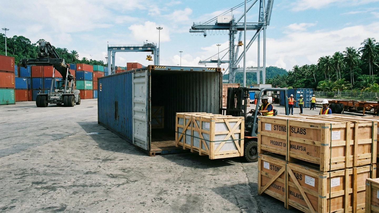 Stone slab crates being unloaded from a shipping container at a Malaysian port facility Stone slab crates being unloaded from a shipping container at a Malaysian port facility
