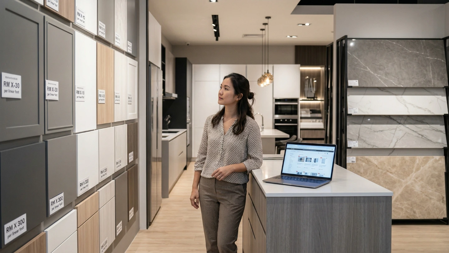 Malaysian homeowner considering three countertop sourcing options at a kitchen renovation showroom Malaysian homeowner considering three countertop sourcing options at a kitchen renovation showroom