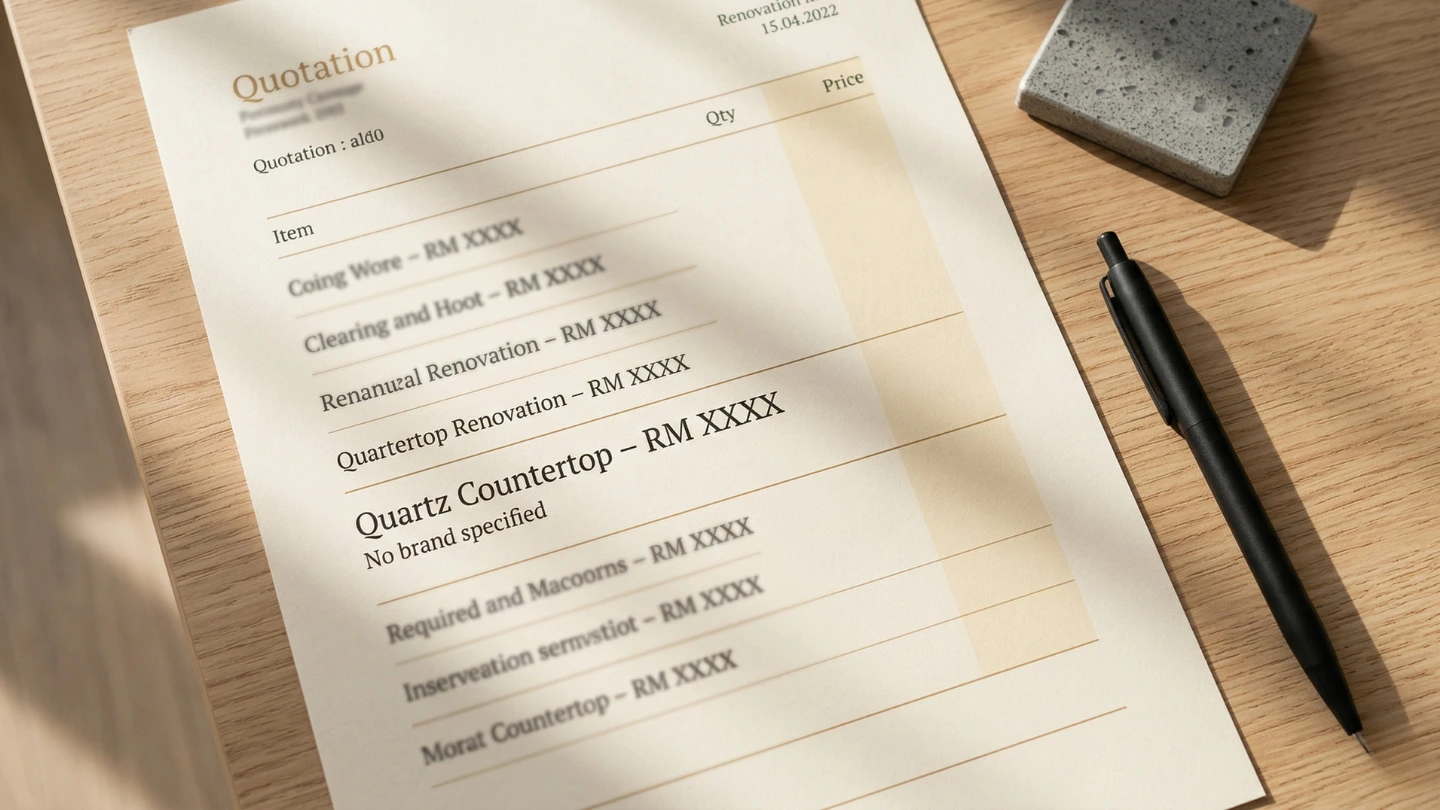 Close-up of a Malaysian kitchen renovation quotation showing a vague quartz countertop line item without brand details Close-up of a Malaysian kitchen renovation quotation showing a vague quartz countertop line item without brand details