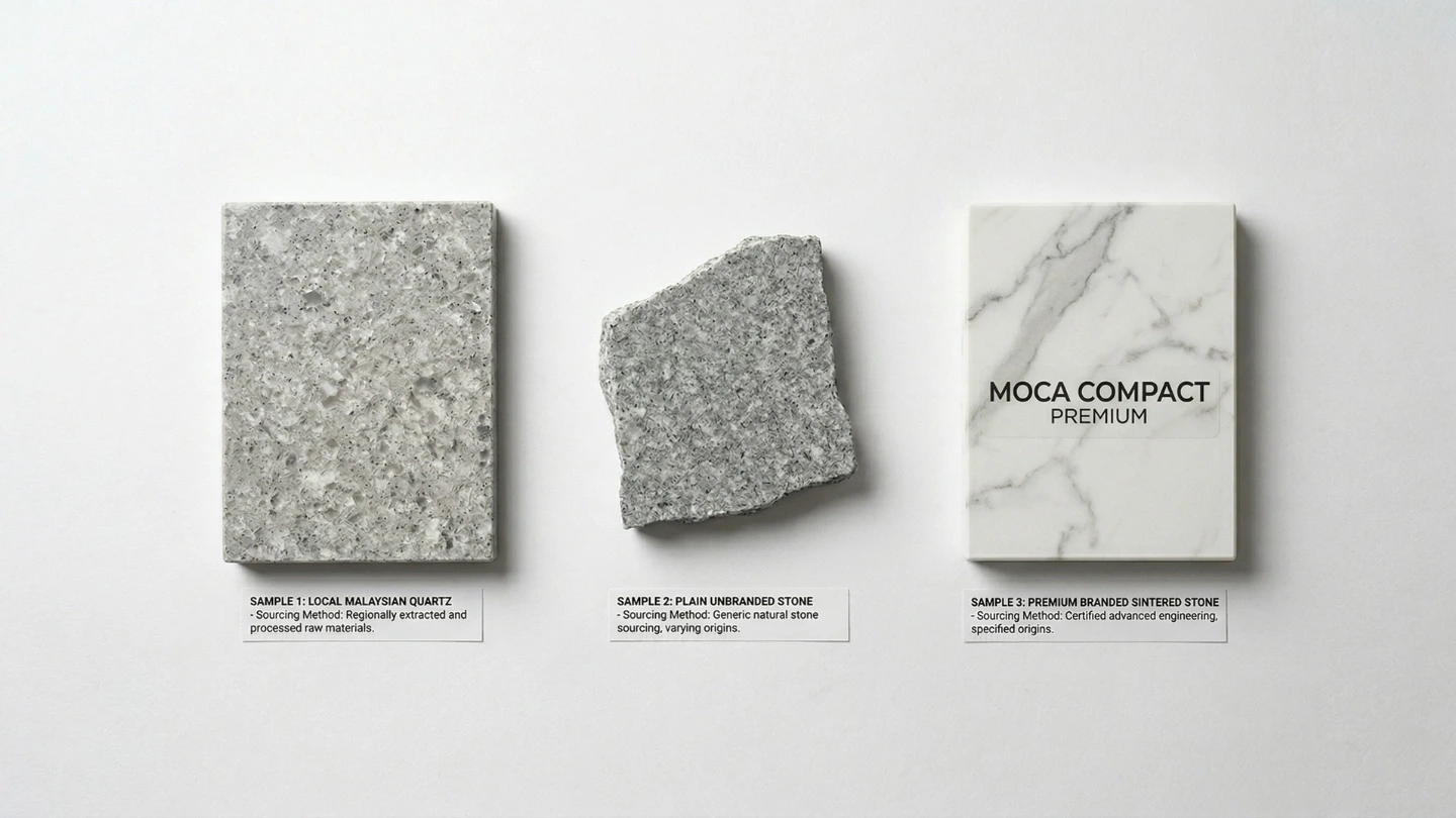 Side-by-side comparison of countertop stone samples representing different sourcing options in Malaysia Side-by-side comparison of countertop stone samples representing different sourcing options in Malaysia