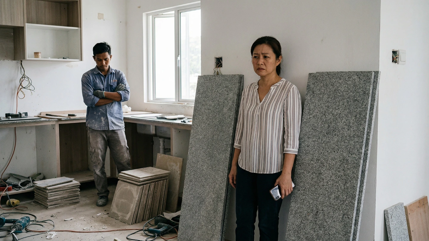 Confused Malaysian homeowner looking at stone slabs delivered from China that a tiler is refusing to install Confused Malaysian homeowner looking at stone slabs delivered from China that a tiler is refusing to install