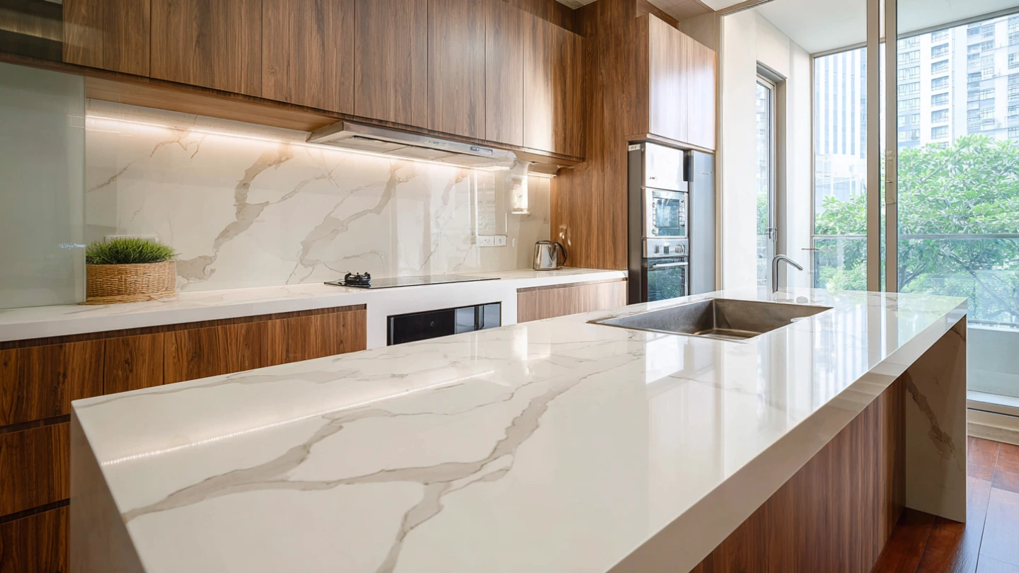 Modern Malaysian kitchen with white quartz stone countertop and wooden cabinets Modern Malaysian kitchen with white quartz stone countertop and wooden cabinets
