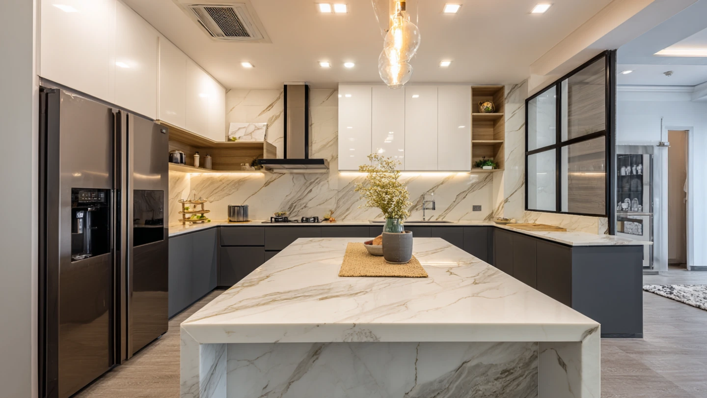 Completed quartz stone countertop installation in a modern Malaysian kitchen