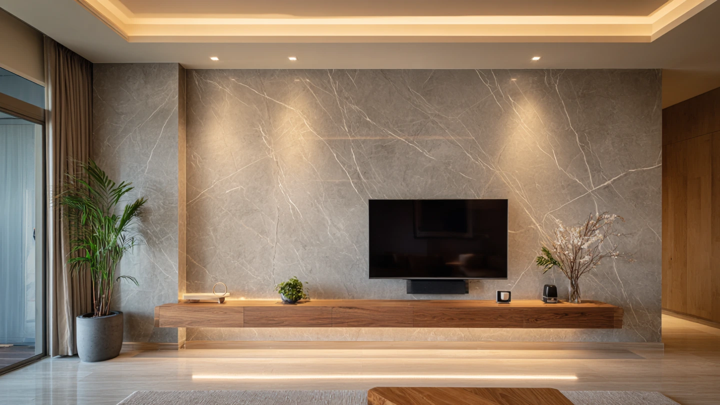 Modern Malaysian living room with full-height sintered stone feature wall behind a TV console, neutral tones and warm ambient lighting
