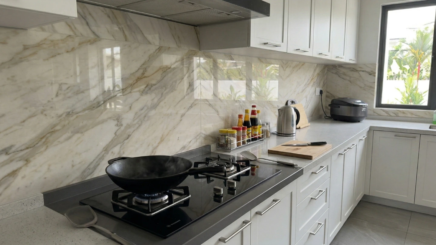 Malaysian kitchen with sintered stone backsplash behind the hob, showing practical stone cladding for high-use cooking spaces