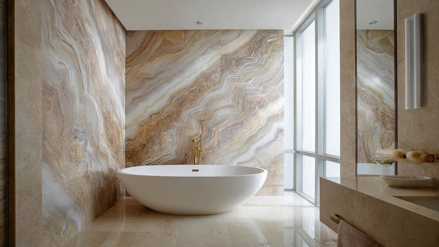 Malaysian master bathroom with book-matched porcelain slab wall cladding and matching floor tiles, spa-like atmosphere