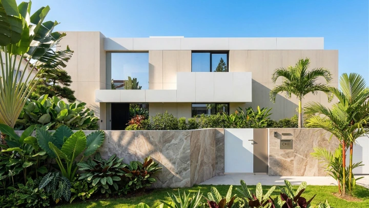 Exterior of a Malaysian landed house with sintered stone wall cladding on the garden feature wall, tropical landscaping surrounding