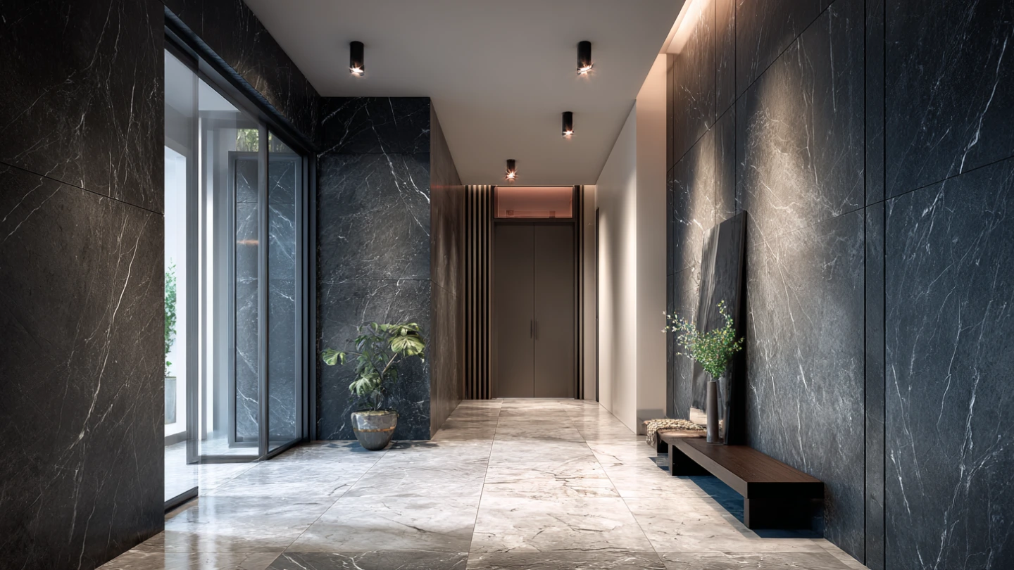 Entrance foyer of a Malaysian landed property with dramatic dark sintered stone feature wall and marble floor, making a strong first impression