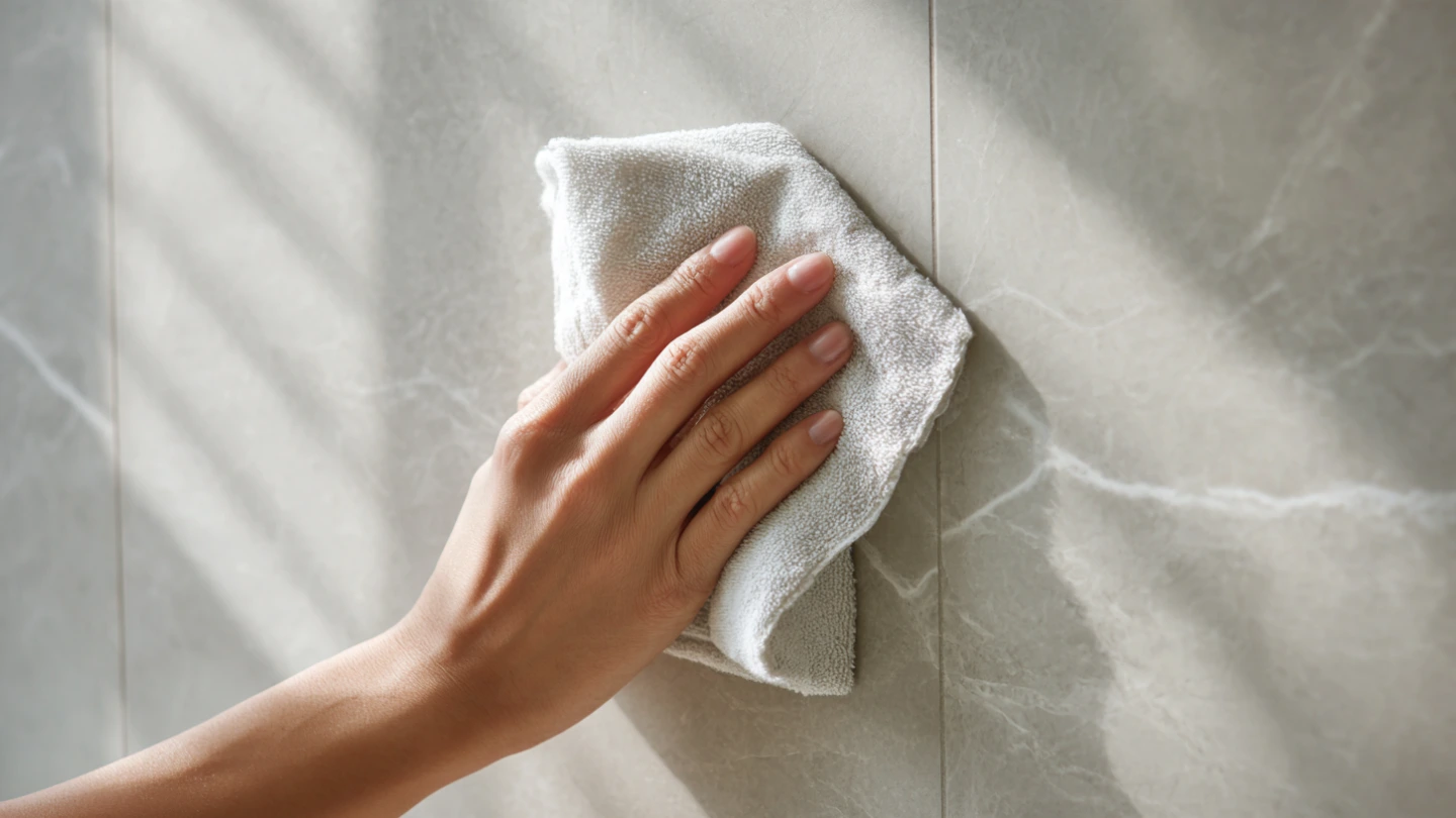 Person wiping down a sintered stone bathroom wall with a damp cloth, demonstrating easy maintenance in a Malaysian home