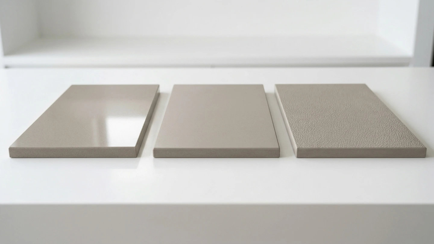 Three quartz stone slabs showing polished, honed, and leather finishes displayed in a Malaysian countertop showroom