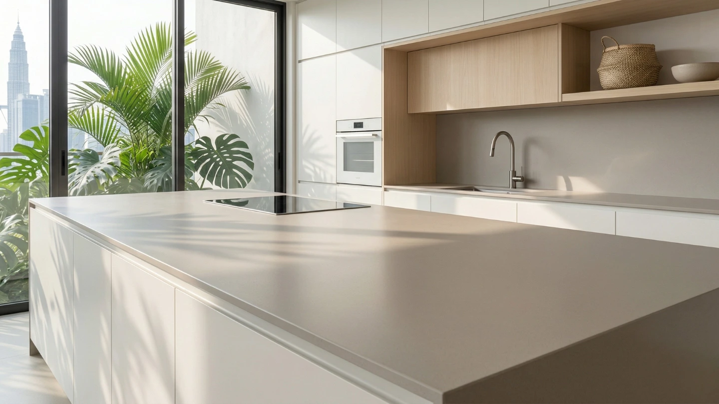 Honed matte quartz countertop in a modern Malaysian kitchen with minimalist cabinetry and warm ambient lighting