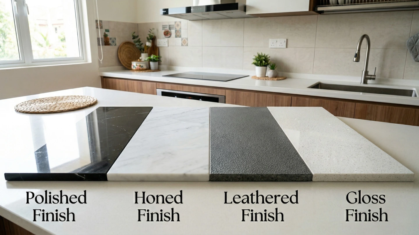 Side-by-side comparison of different stone countertop finishes including polished, honed, and leather, displayed in a Malaysian showroom setting