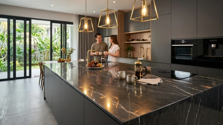 Gloss finish sintered stone countertop reflecting kitchen lights in a contemporary Malaysian kitchen