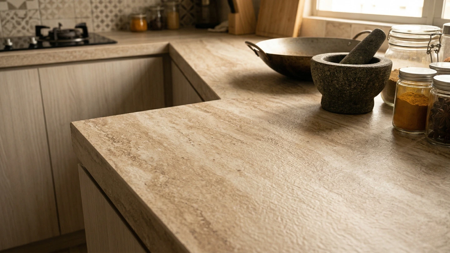 Leather finish sintered stone or porcelain slab countertop with visible surface texture in a Malaysian kitchen setting