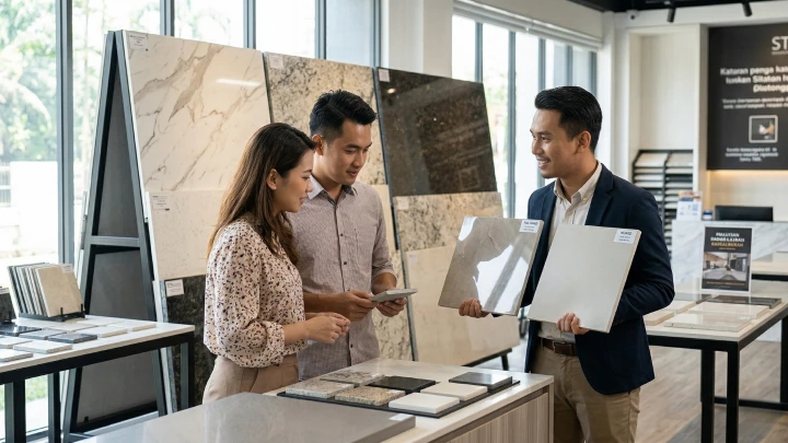 Malaysian homeowners examining stone countertop finish samples with a sales consultant in a showroom