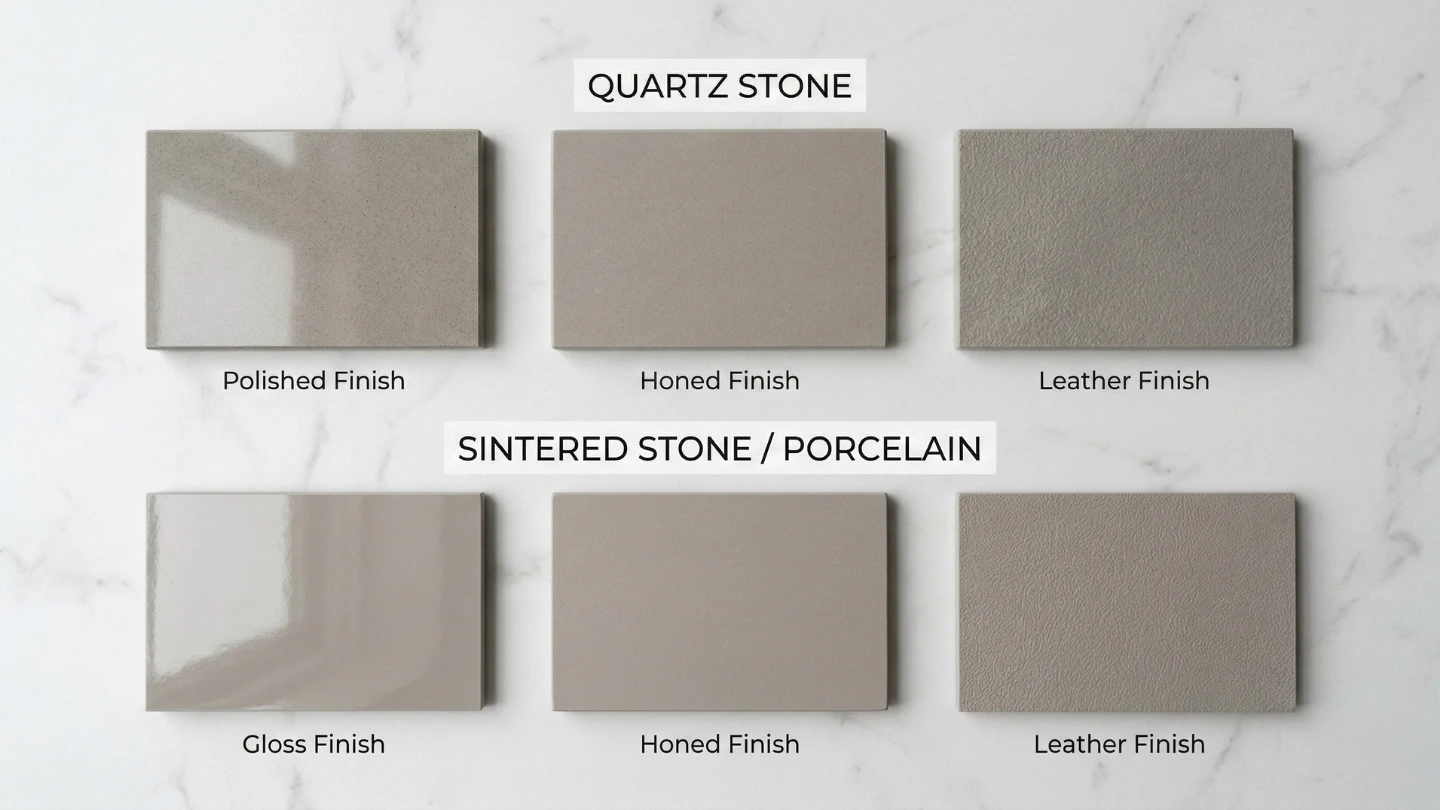 Flat lay comparison of quartz and sintered stone finish samples labelled polished, honed, leather, and textured on a neutral background