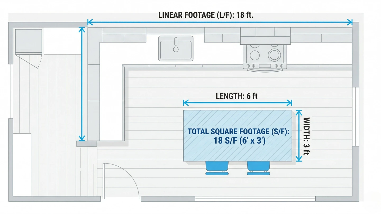 Diagram illustrating the difference between foot run and square foot measurement on a kitchen countertop layout Diagram illustrating the difference between foot run and square foot measurement on a kitchen countertop layout