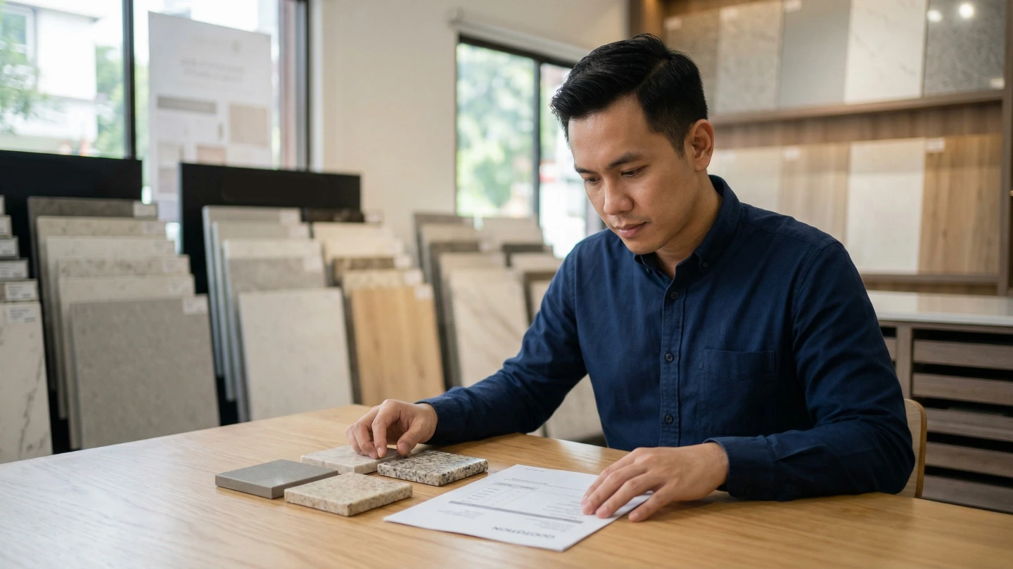 A homeowner reviewing a stone countertop quotation document at a kitchen showroom table in Malaysia A homeowner reviewing a stone countertop quotation document at a kitchen showroom table in Malaysia