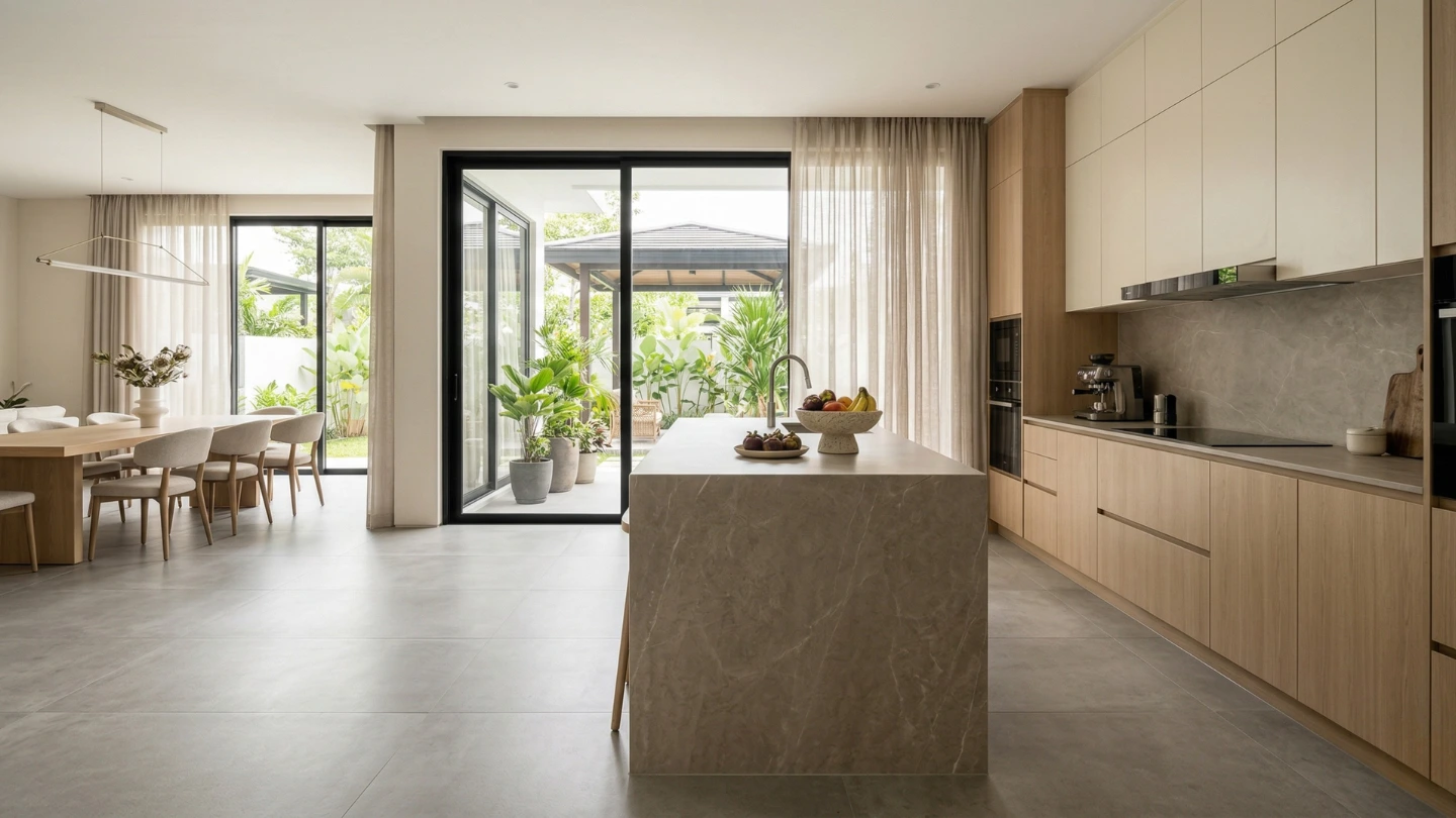 A modern Malaysian kitchen island featuring a full waterfall edge sintered stone countertop in a warm grey finish A modern Malaysian kitchen island featuring a full waterfall edge sintered stone countertop in a warm grey finish