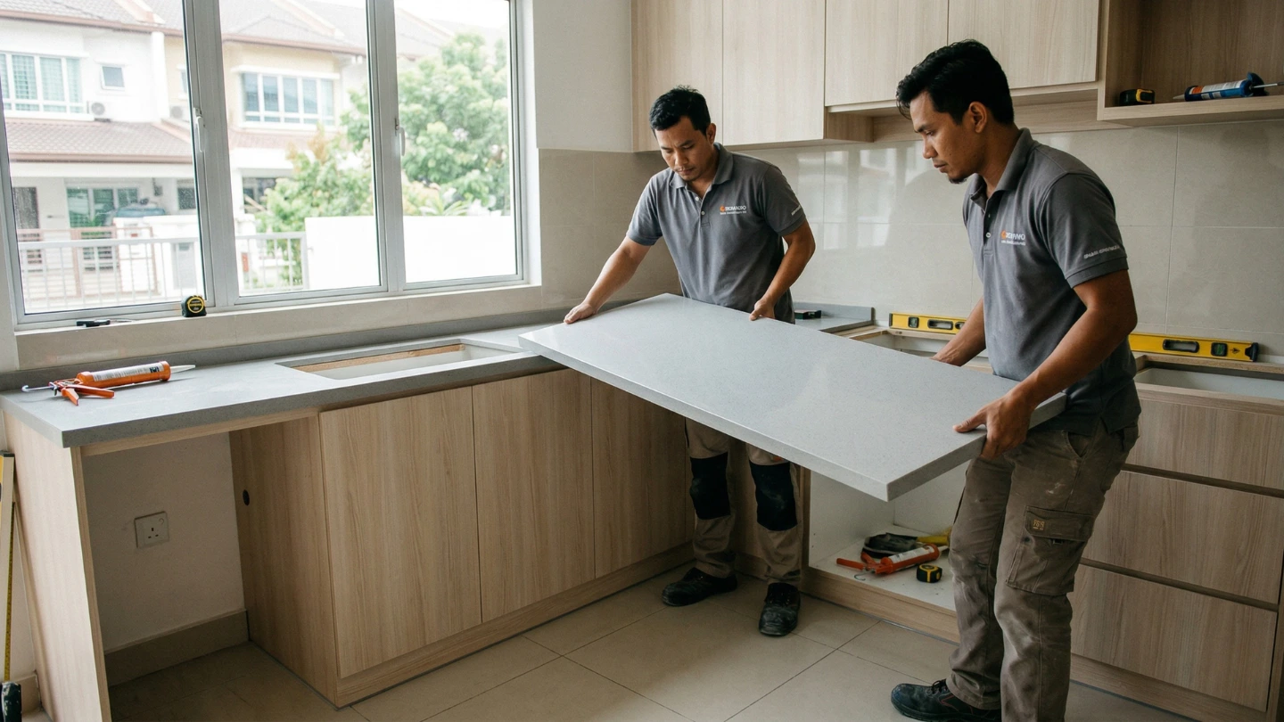 Two countertop installers fitting a quartz stone slab onto kitchen cabinets in a Malaysian home Two countertop installers fitting a quartz stone slab onto kitchen cabinets in a Malaysian home