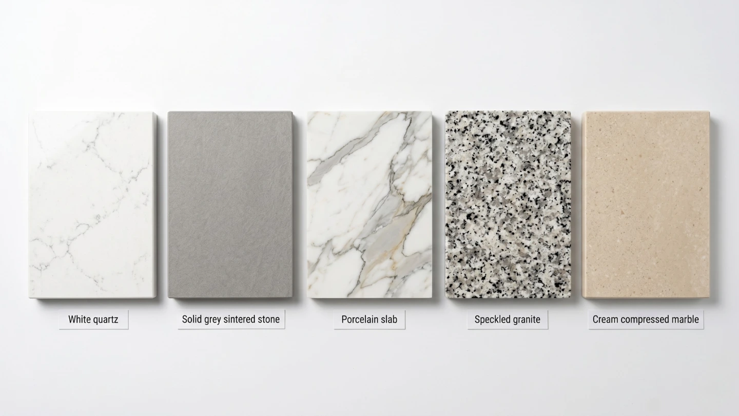 Side-by-side stone material samples for bathroom vanity tops including quartz, sintered stone, porcelain slab, granite, and compressed marble