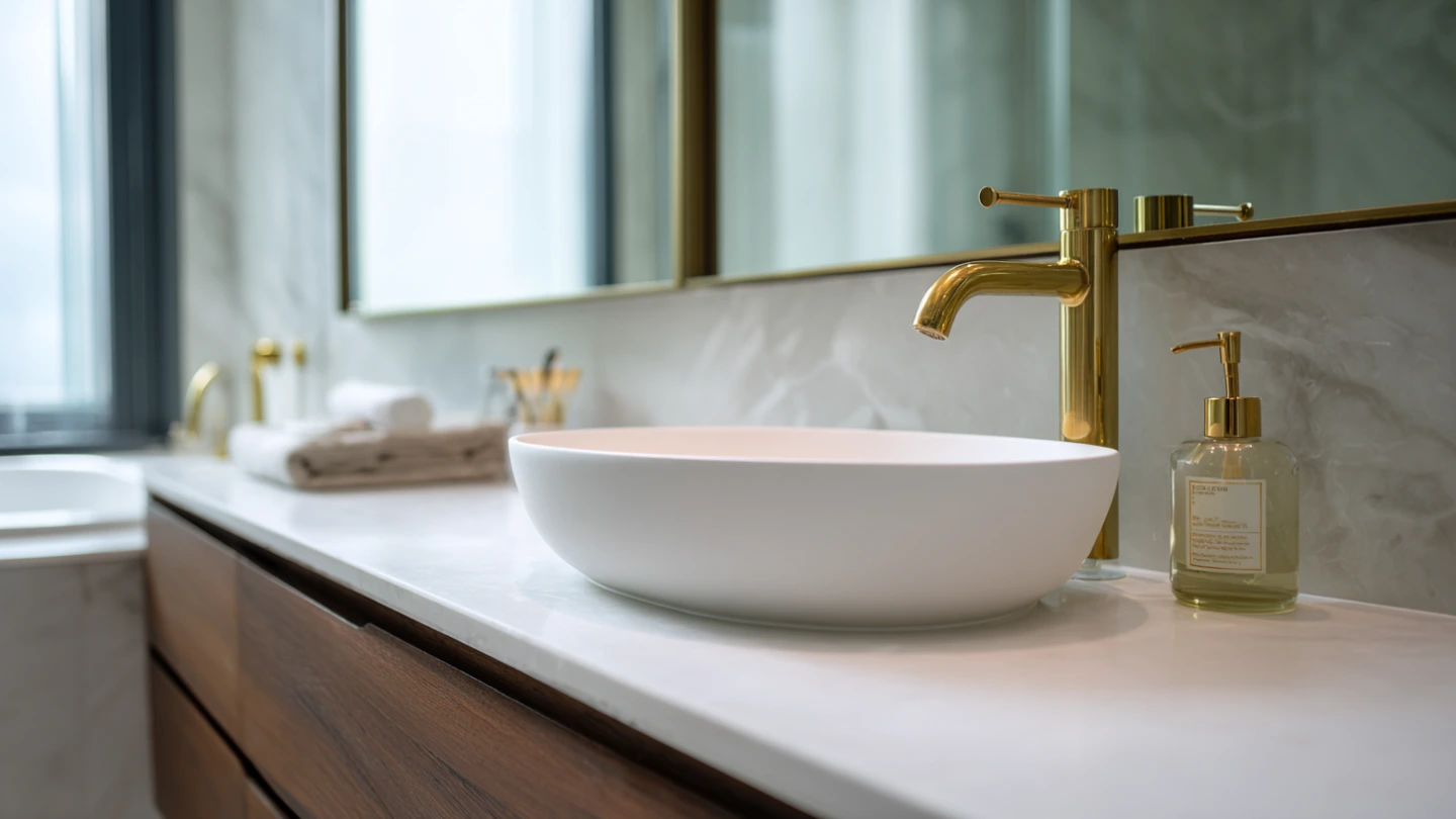Modern Malaysian bathroom with a white quartz vanity top, soft lighting, and clean minimal design