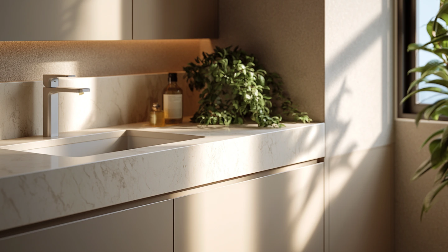 Malaysian bathroom renovation with a quartz stone vanity top in a Calacatta marble pattern