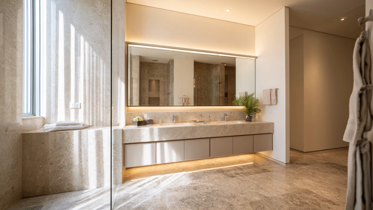Completed Malaysian bathroom renovation with stone vanity top, large mirror, and modern fixtures