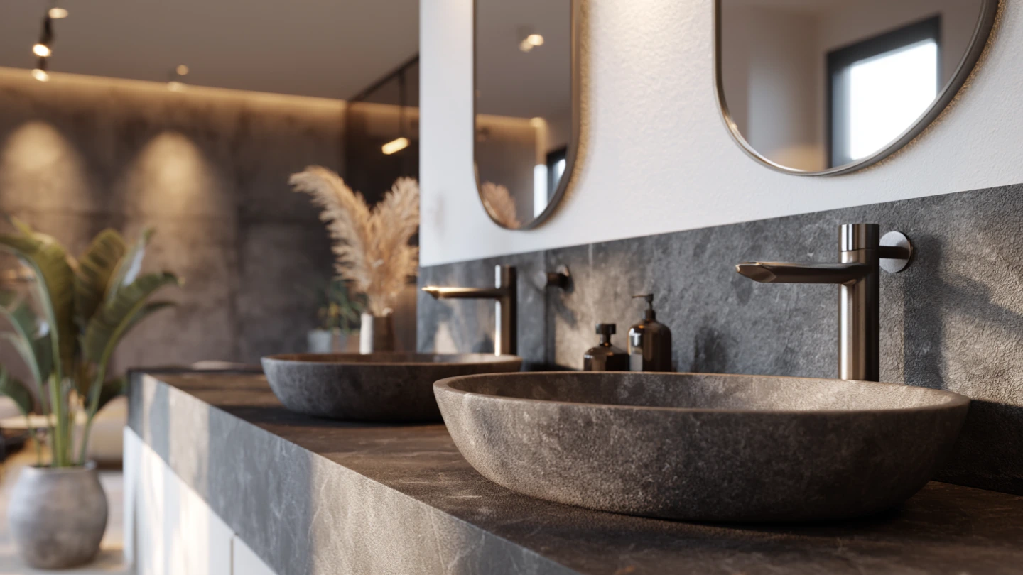 Dark sintered stone bathroom vanity top with matte finish in a modern Malaysian bathroom