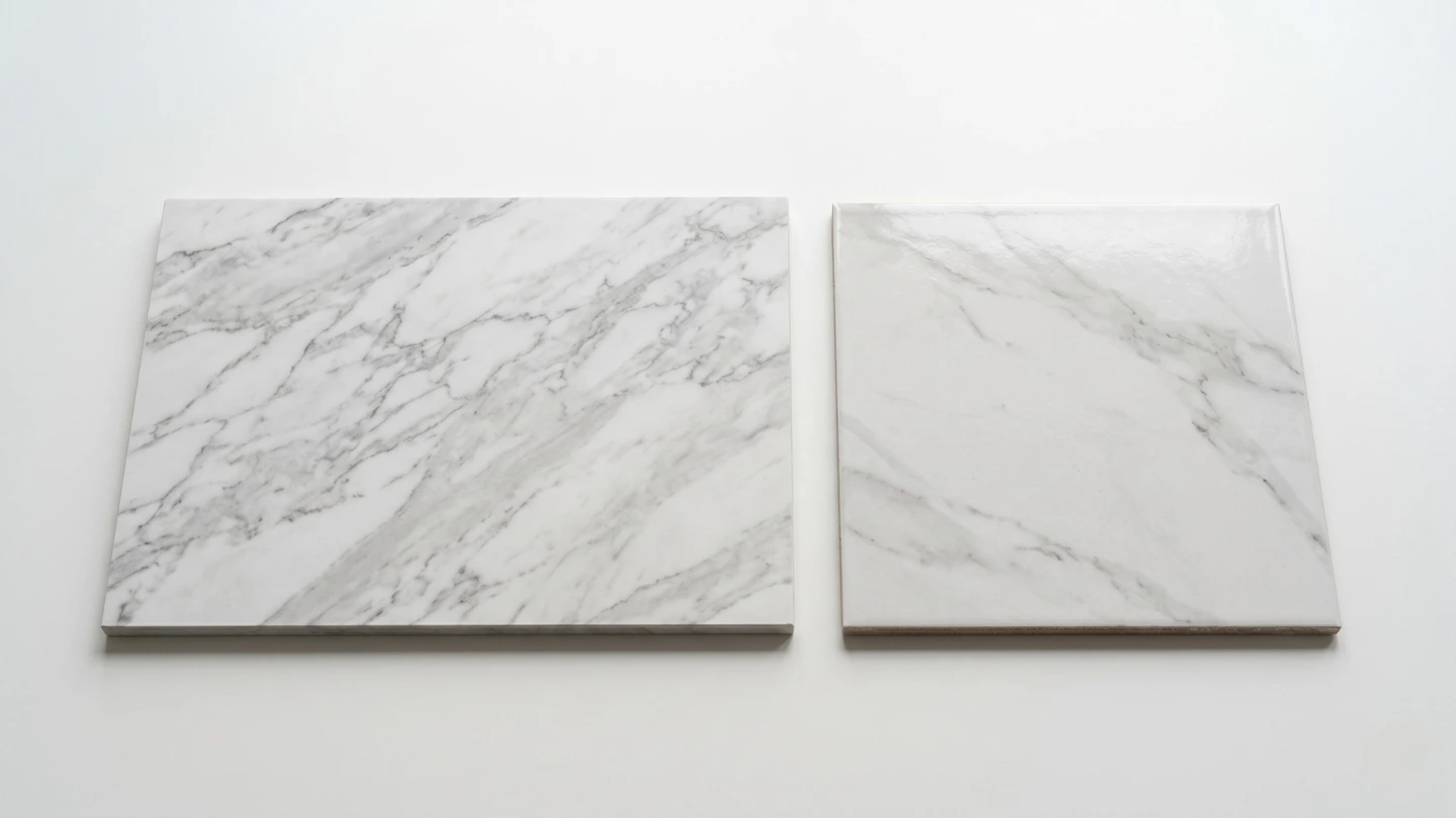 Side-by-side comparison of sintered stone and porcelain tile flooring samples for Malaysian homeowners