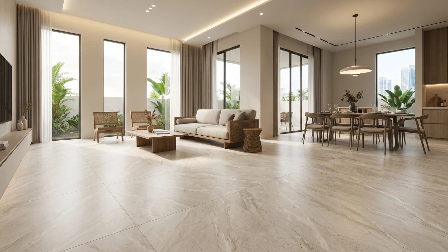 Large-format sintered stone flooring in a modern Malaysian open-plan living room with minimal grout lines and seamless design